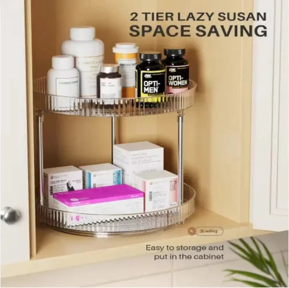 Silver two-tier acrylic rotating spice rack and vanity organizer with ribbed edges and a sleek modern design