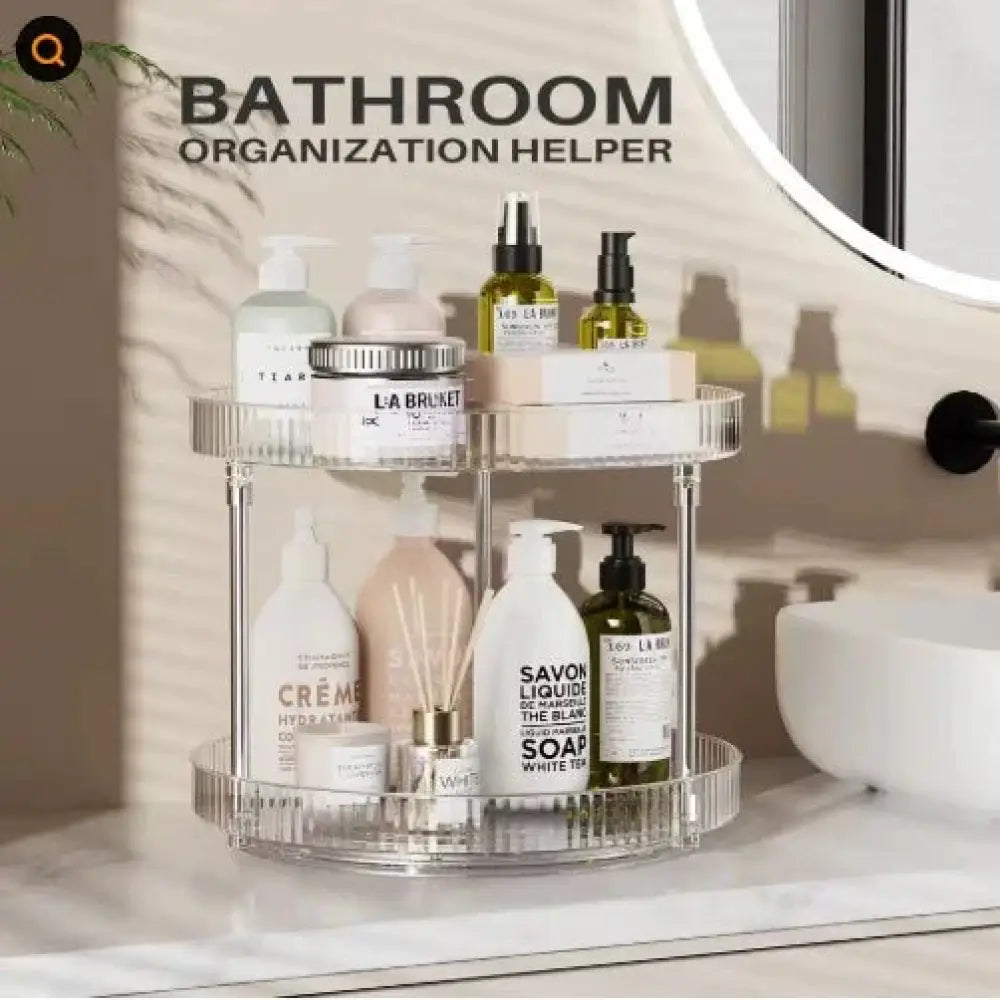 Clear acrylic two-tier rotating spice rack and vanity organizer with ribbed edges and transparent shelves