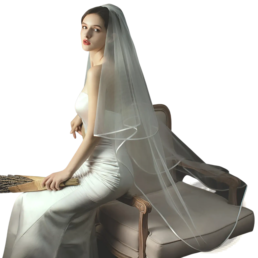 Delicate double layer white tulle short veil with hair comb featuring translucent fabric and subtle gathered detailing shown from back
