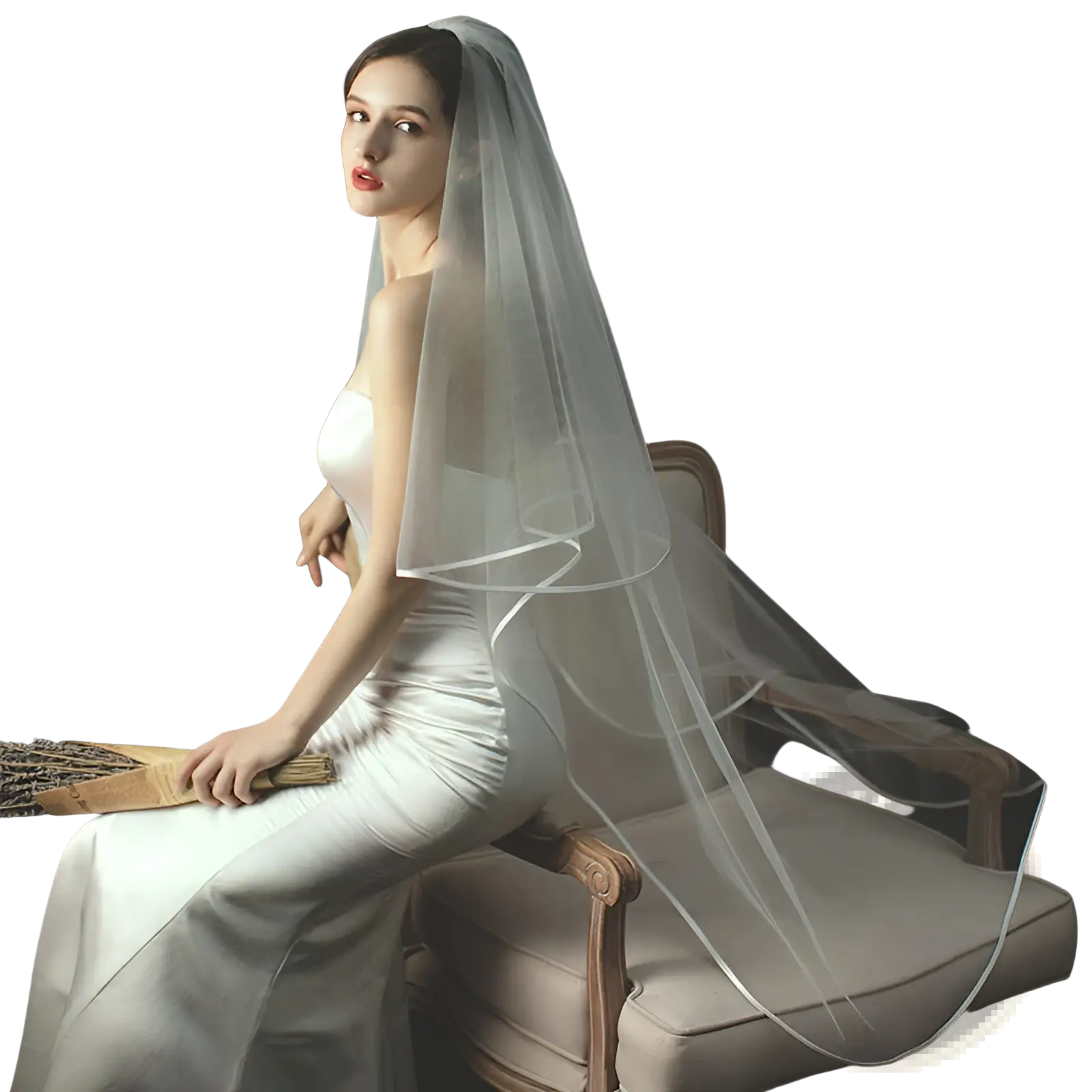 Delicate double layer white tulle short veil with hair comb featuring translucent fabric and subtle gathered detailing shown from back