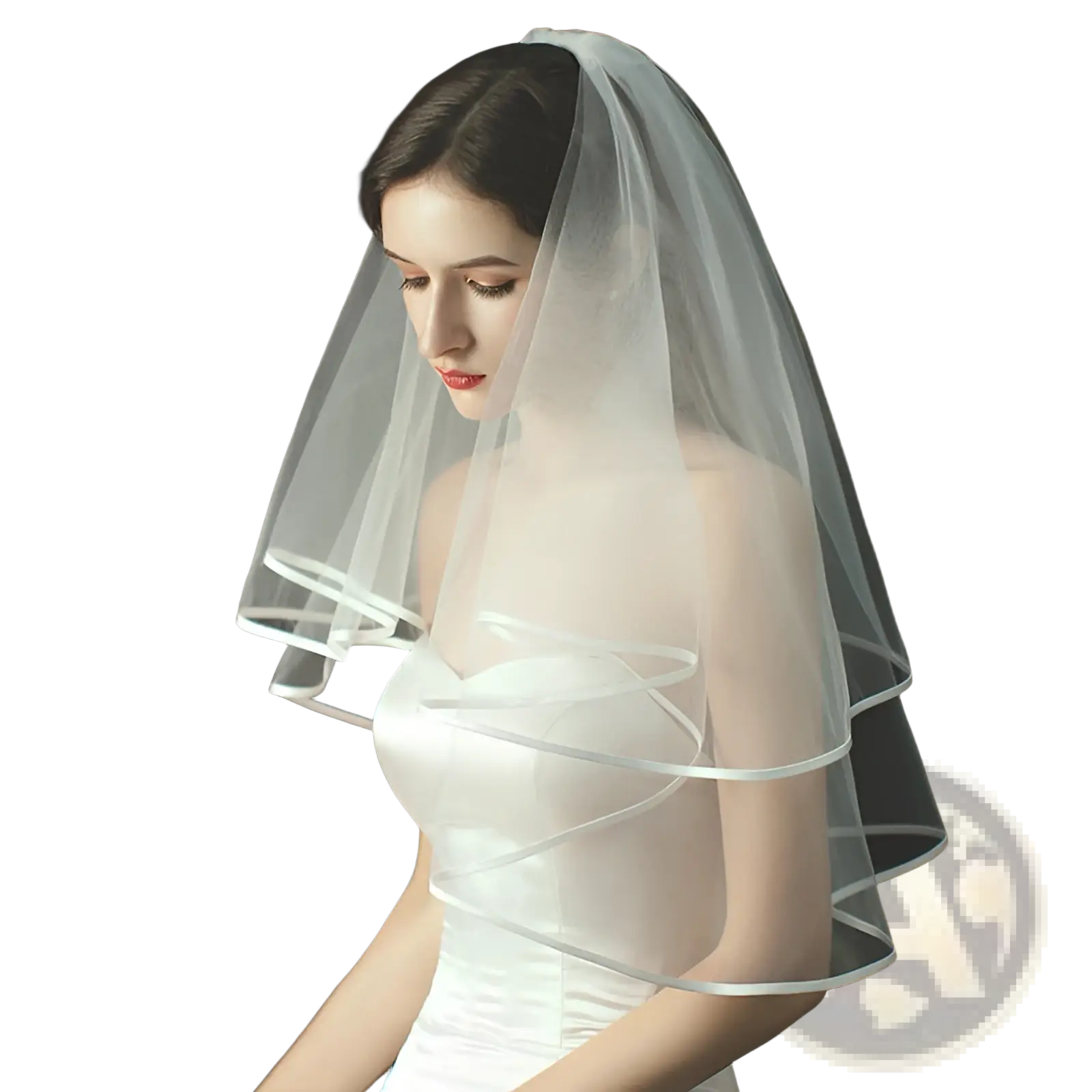 Double layer white tulle short veil with delicate satin ribbon trim and attached hair comb for bridal wear