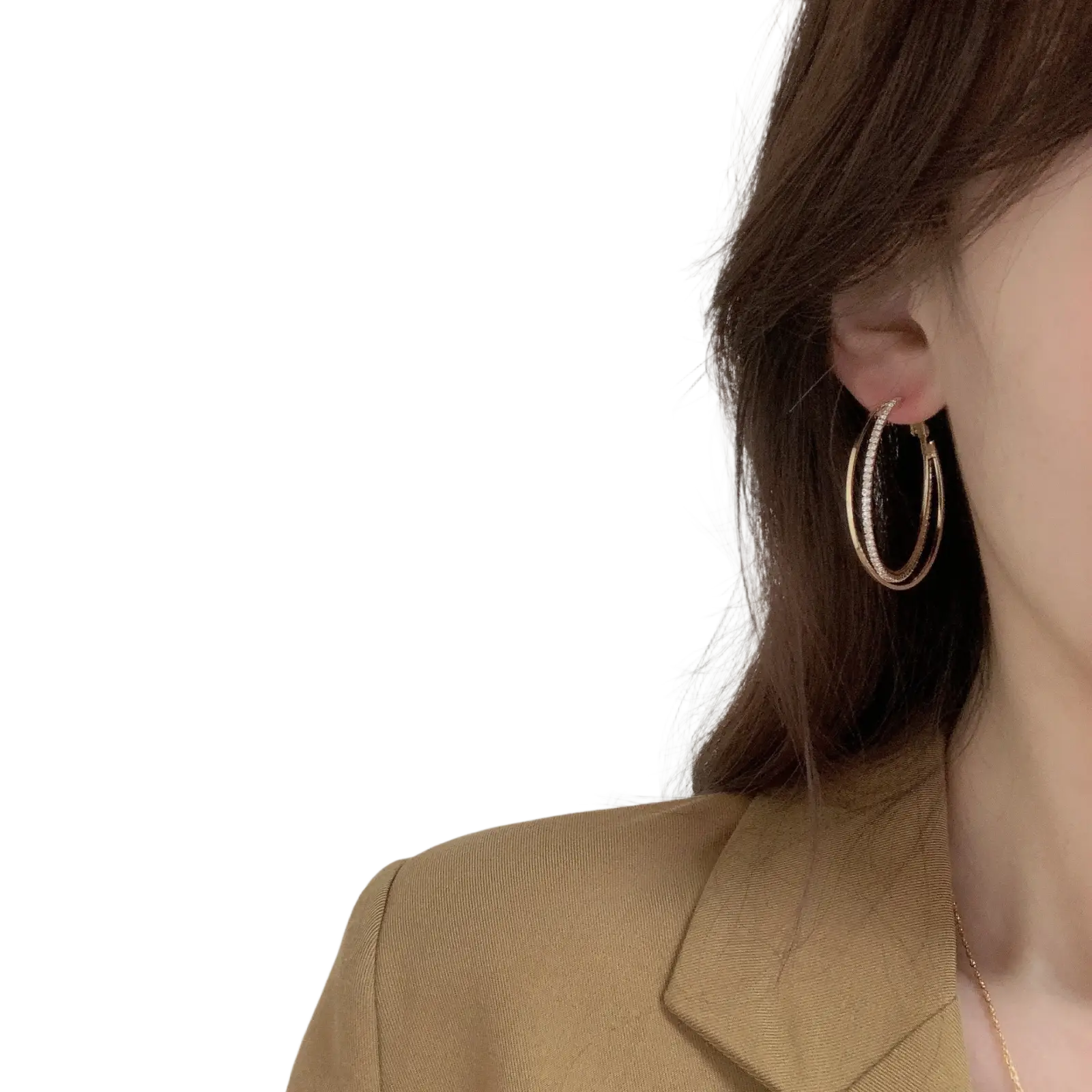 Double layered crystal pave hoop earrings in gold tone with delicate sparkling edges for elegant wear