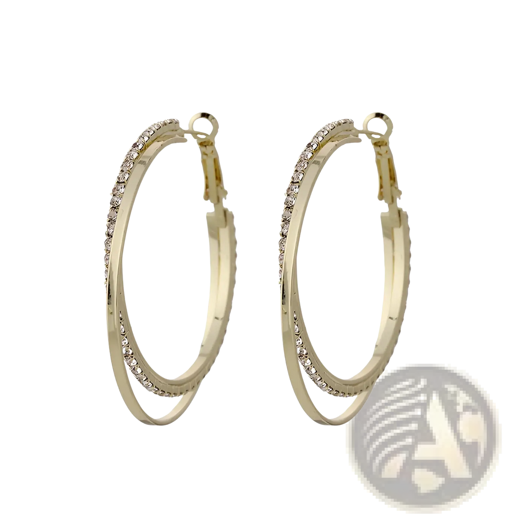 Double layered crystal pave hoop earrings in gold tone with clear crystals embedded along the outer edge