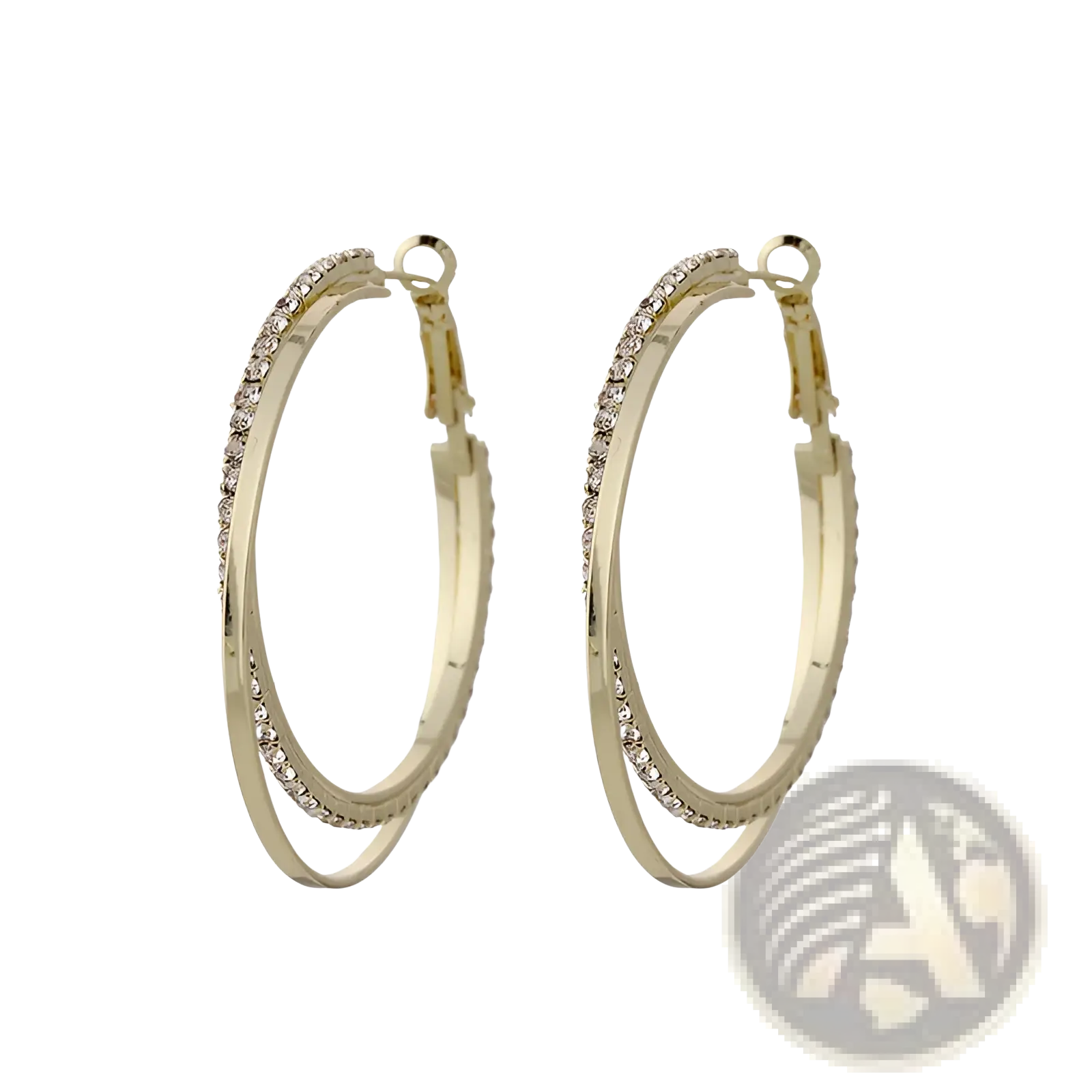 Double layered crystal pave hoop earrings in gold tone with clear crystals embedded along the outer edge