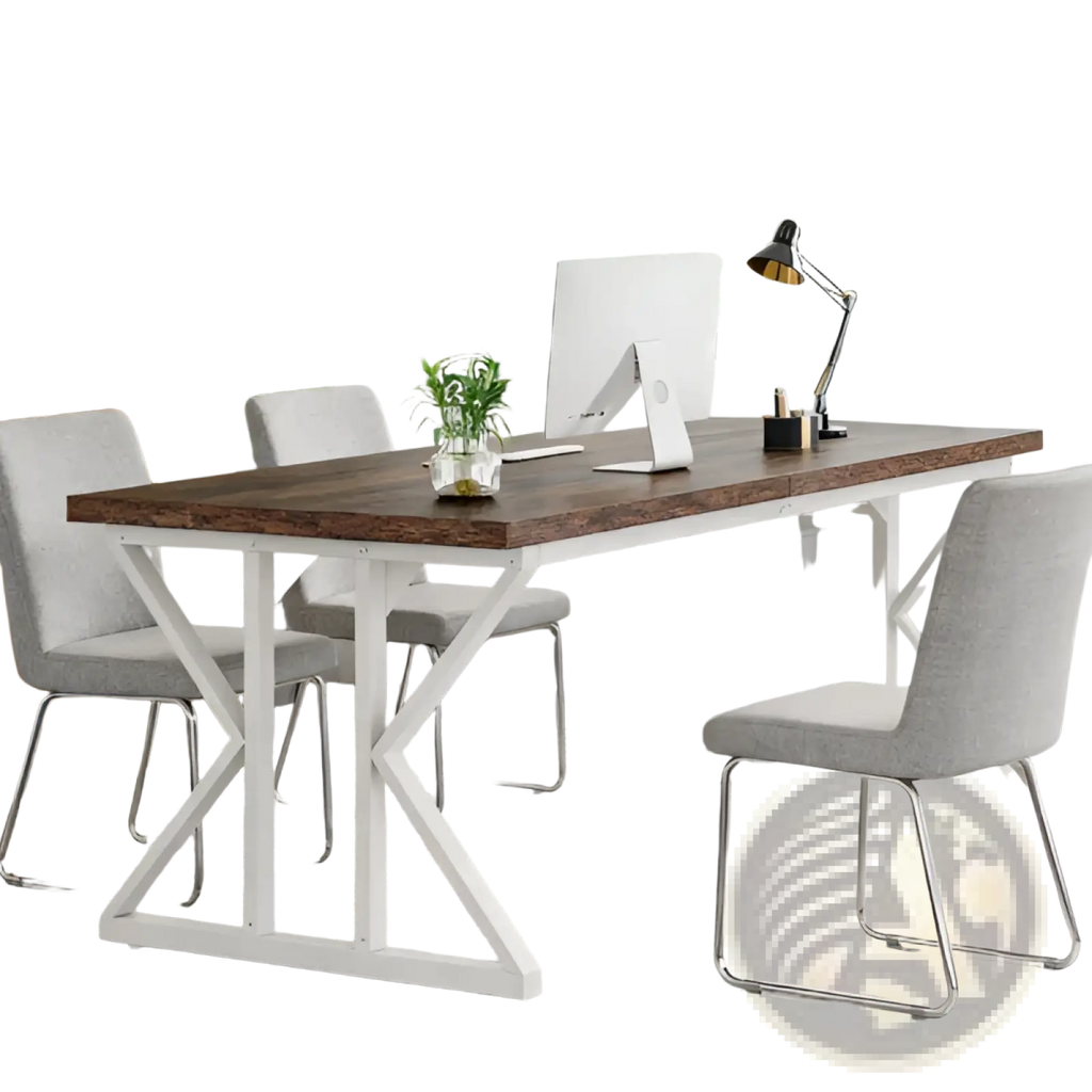 White x-frame double monitor desk with dark wood top designed for two people measuring 78 inches long