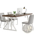 White x-frame double monitor desk with dark wood top designed for two people measuring 78 inches long