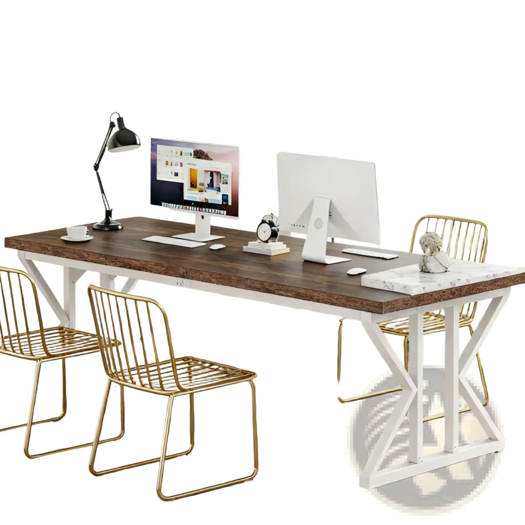 Modern white and gold x-frame double monitor desk with dark wood top designed for two persons 78 inch length