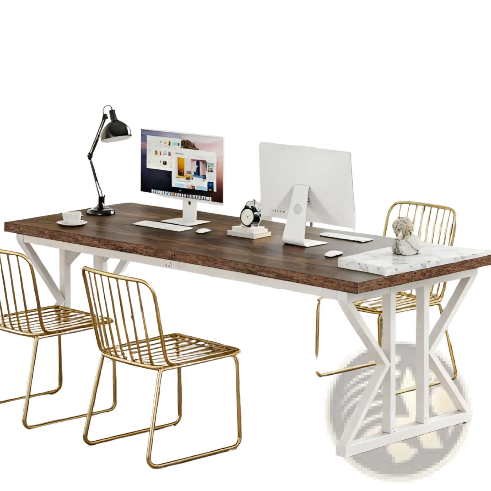 Modern white and gold x-frame double monitor desk with dark wood top designed for two persons 78 inch length