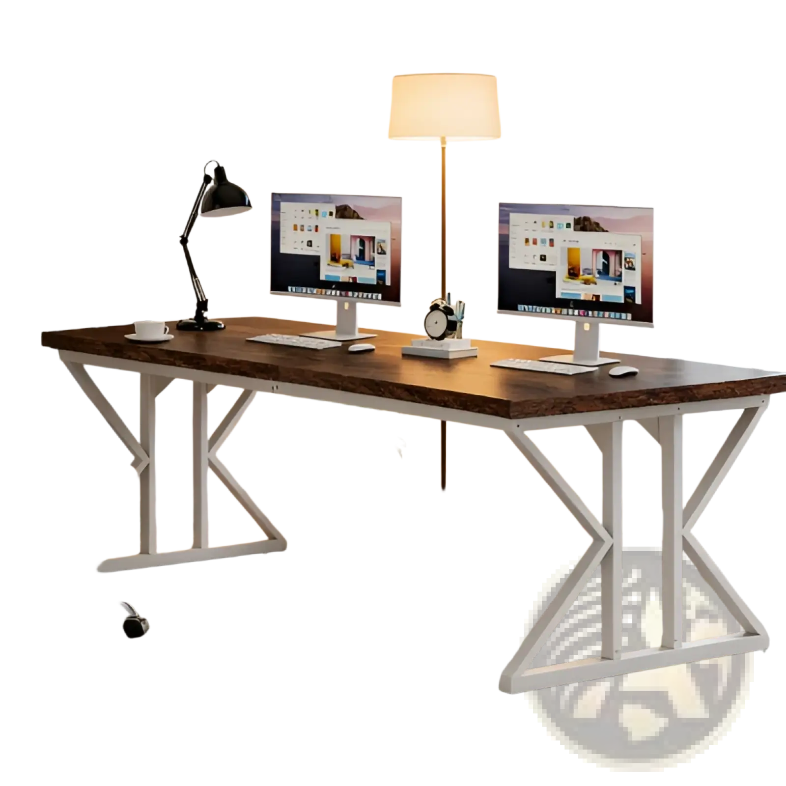 Double monitor desk 78 inch with dark wood top and white x-shaped metal legs for two person use