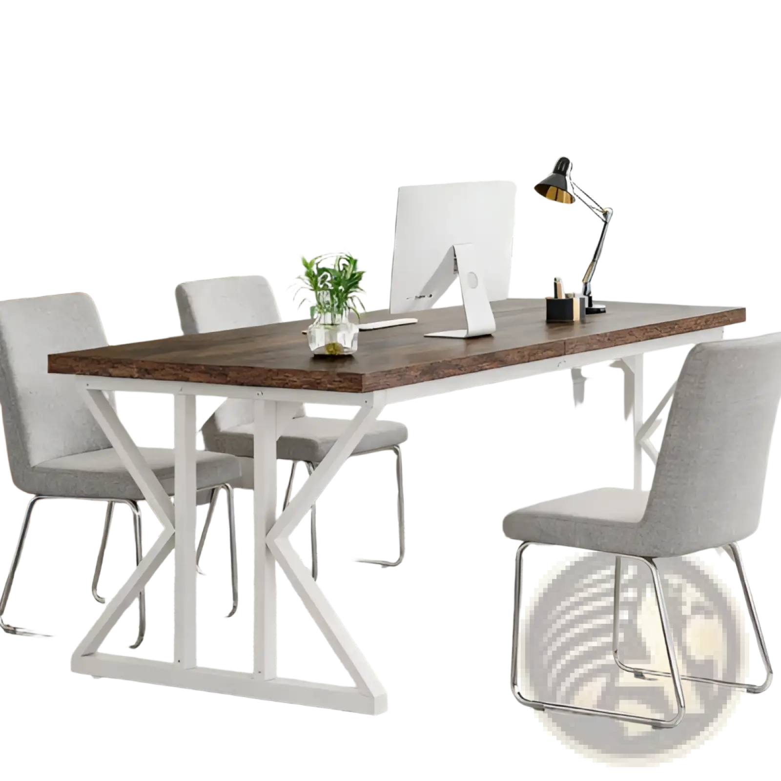 White x-frame double monitor desk with dark wood top designed for two persons and white x legs