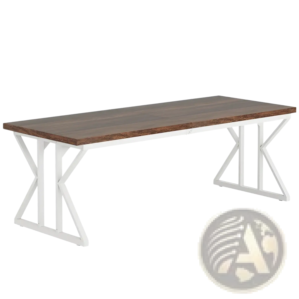 Double monitor desk 78 inch with a dark brown wooden top and white metal x-shaped legs for two-person use
