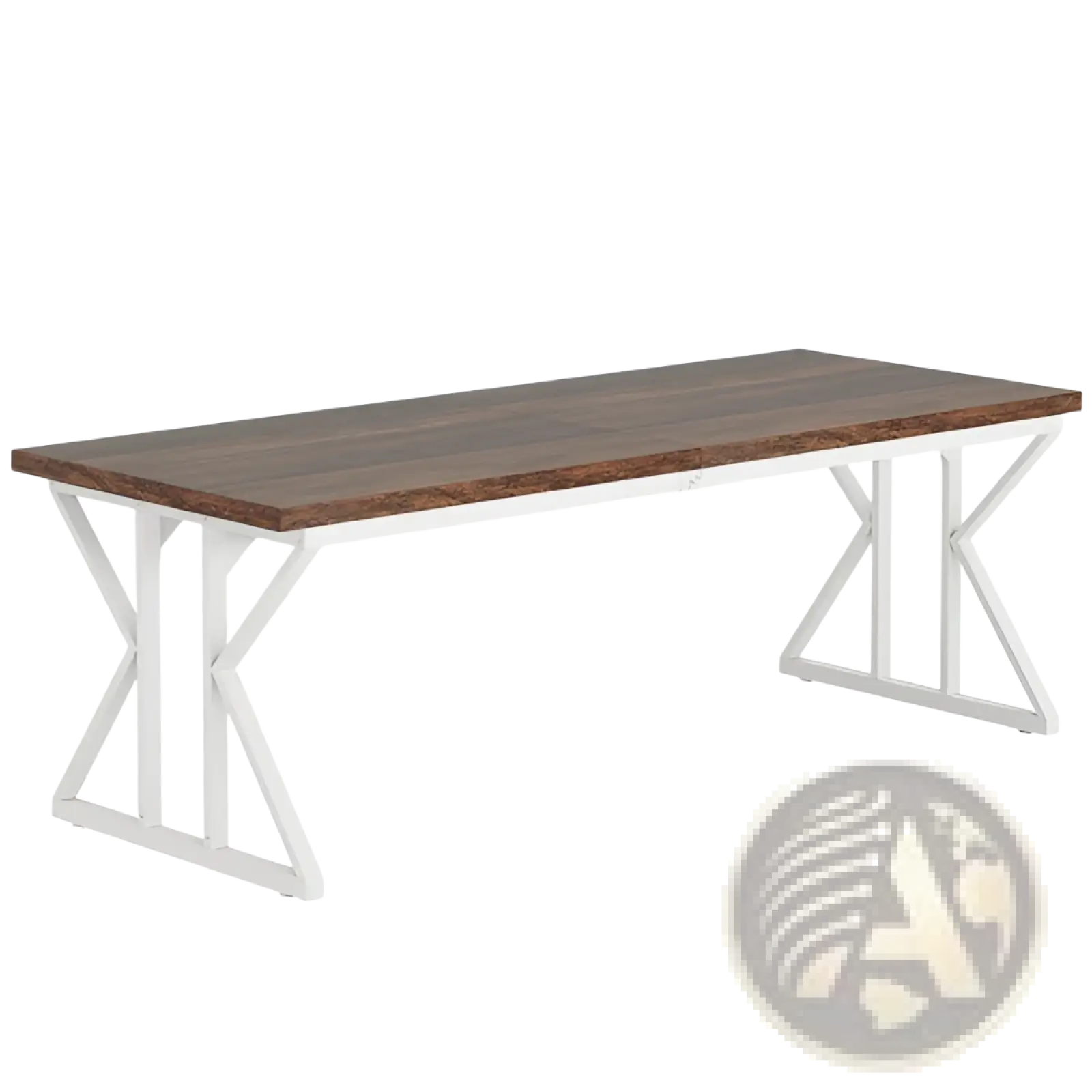 Double monitor desk 78 inch with a dark brown wooden top and white metal x-shaped legs for two-person use