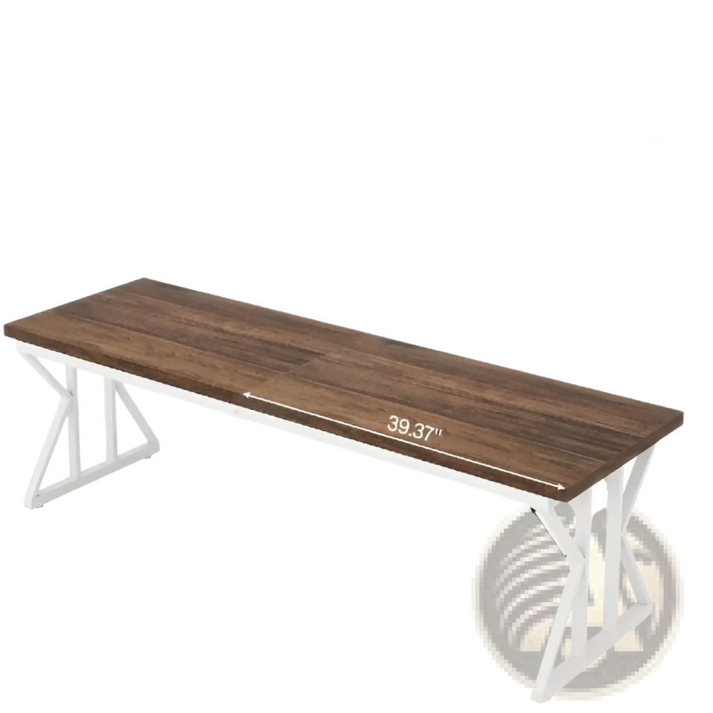 Long wooden double monitor desk with dark brown wood grain surface and white metal x-shaped legs for two persons