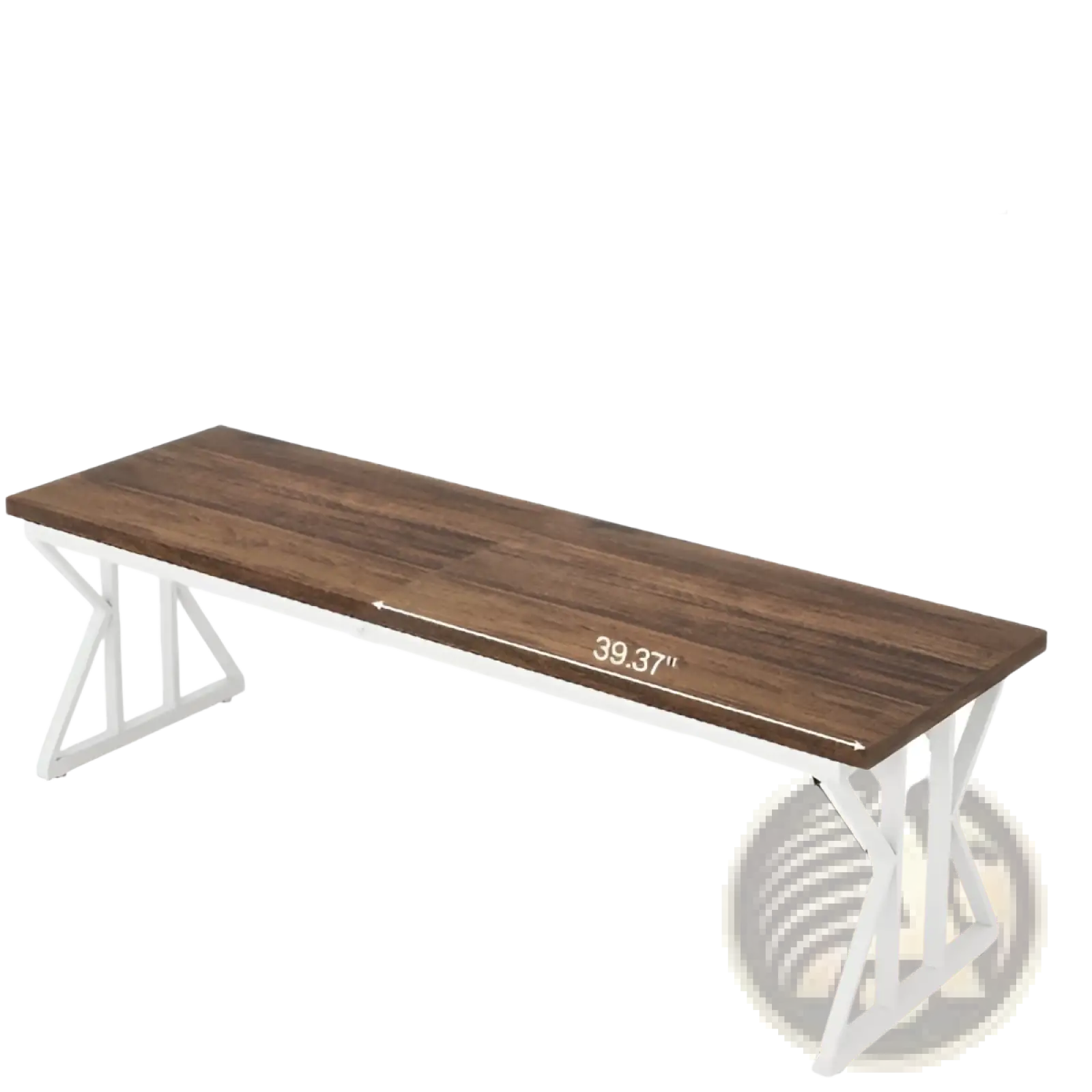 Long wooden double monitor desk with dark brown wood grain surface and white metal x-shaped legs for two persons