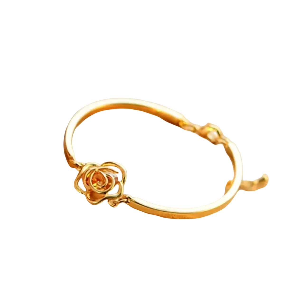 Double ring metal bangle bracelet in gold tone with a delicate rose design and polished metallic finish