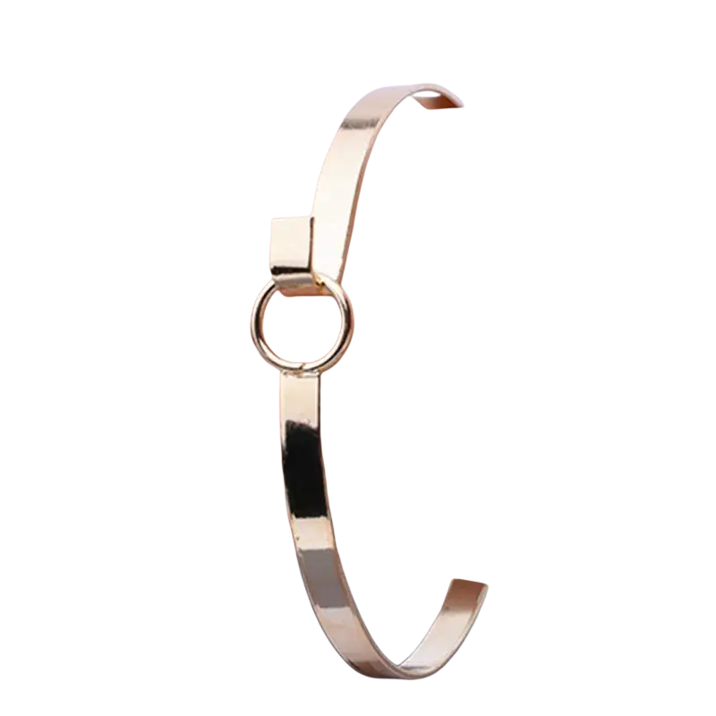 Gold-toned metal double ring bangle bracelet with sleek minimalist design and rectangular clasp