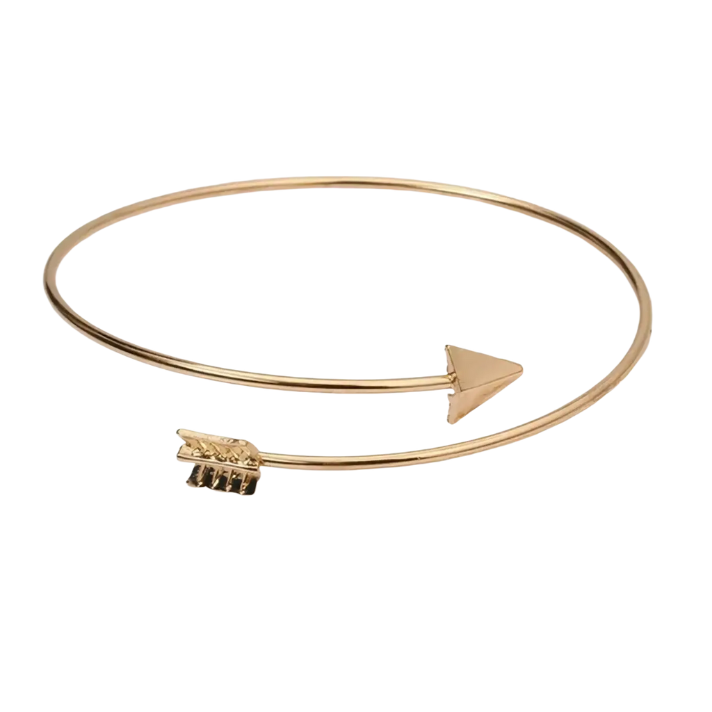 Double ring metal bangle bracelet gold-toned with arrow-themed design and detailed feather-like fletching tail end