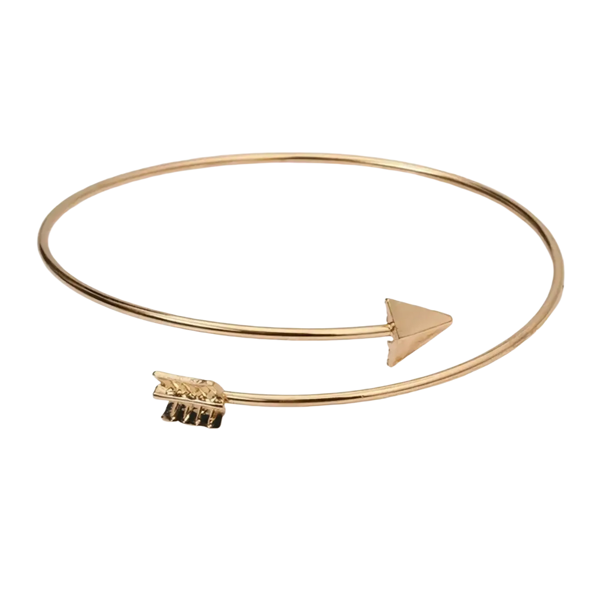 Double ring metal bangle bracelet gold-toned with arrow-themed design and detailed feather-like fletching tail end