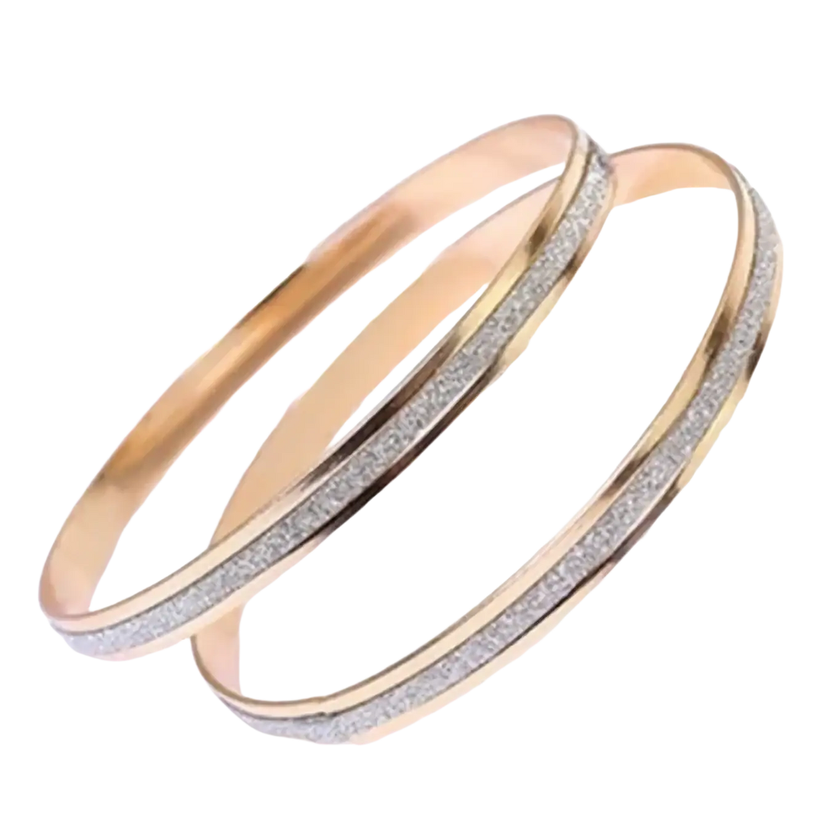 Double ring metal bangle bracelet in gold tone with a sparkling silver glitter stripe along the inner edge