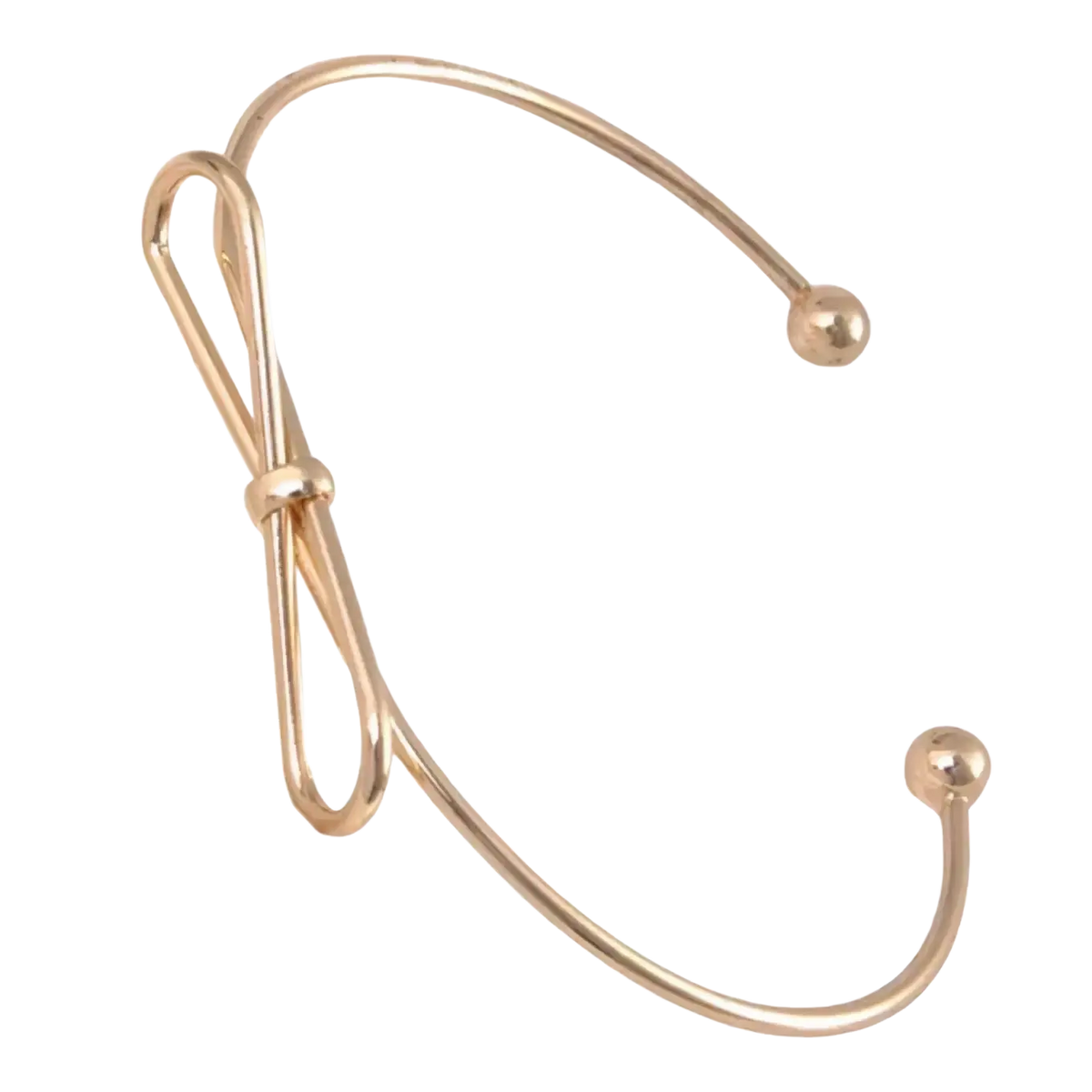 Gold-toned double ring metal bangle bracelet with infinity symbol and polished spherical ends in a cuff design