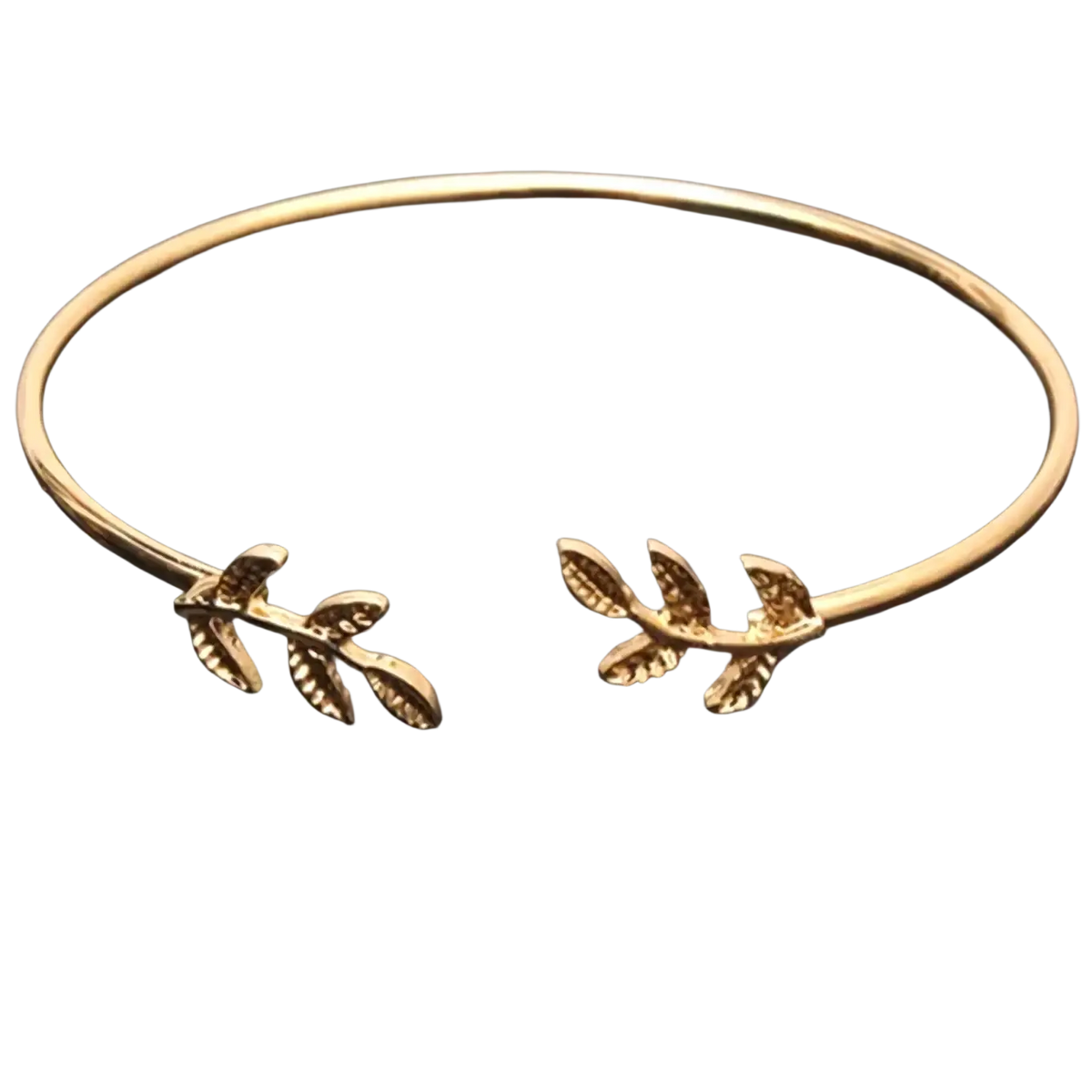 Gold-toned double ring metal bangle bracelet with delicate leaf pattern and open-ended design