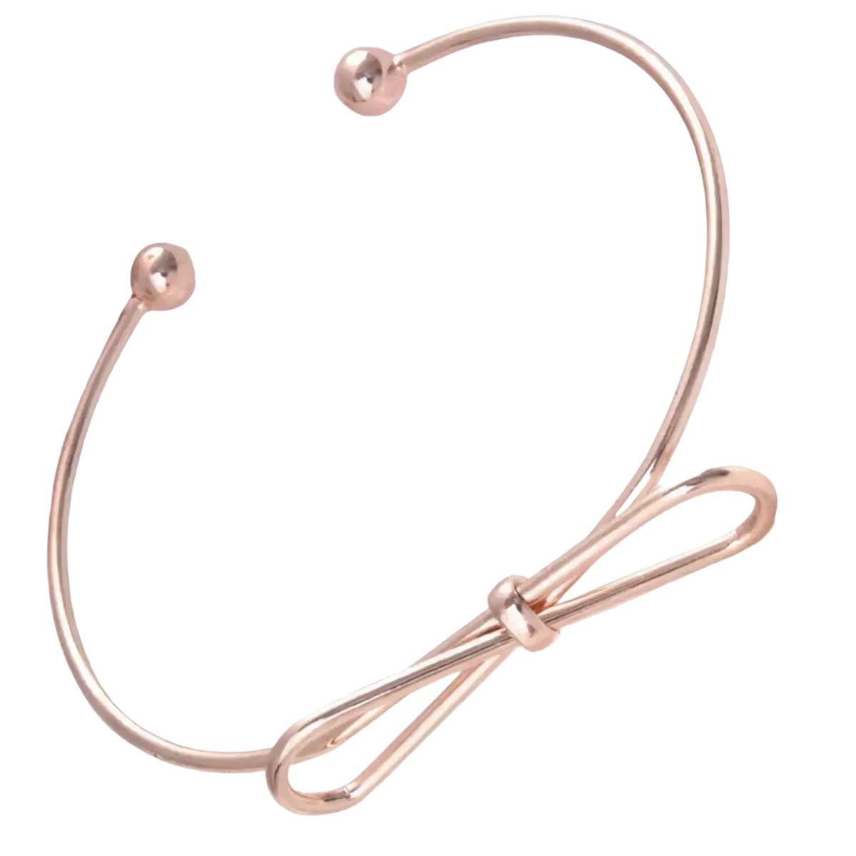 Rose gold double ring metal bangle bracelet with an open cuff design and a delicate bow knot detail
