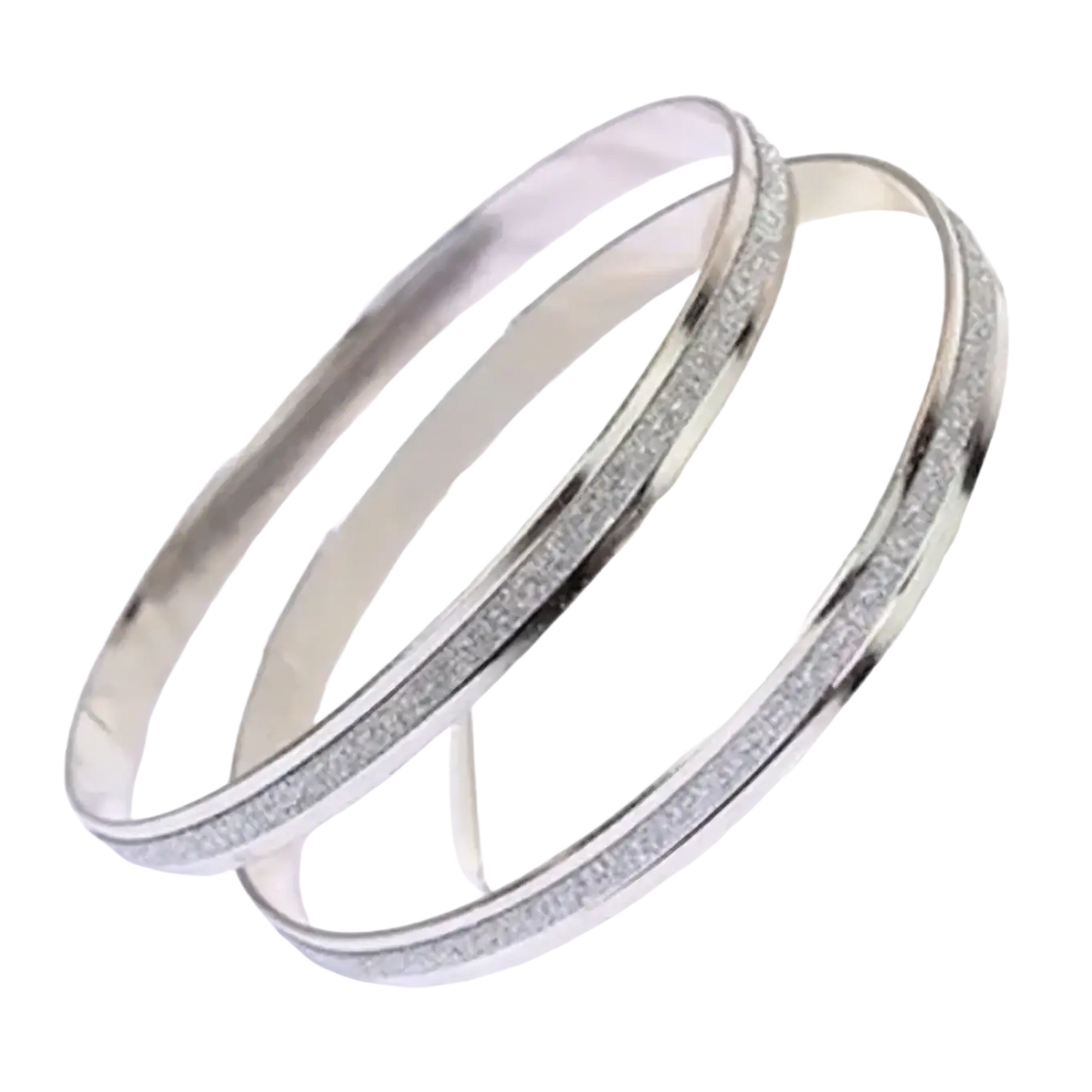 Silver double ring metal bangle bracelet with sleek polished finish and inner band of sparkling rhinestones