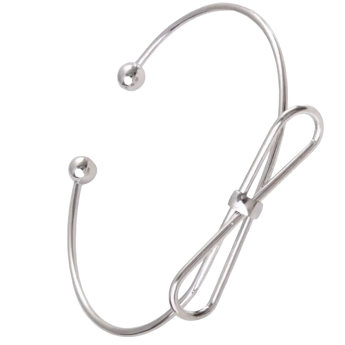 Silver metal double ring bangle bracelet featuring a bow design and spherical ends for elegant wear
