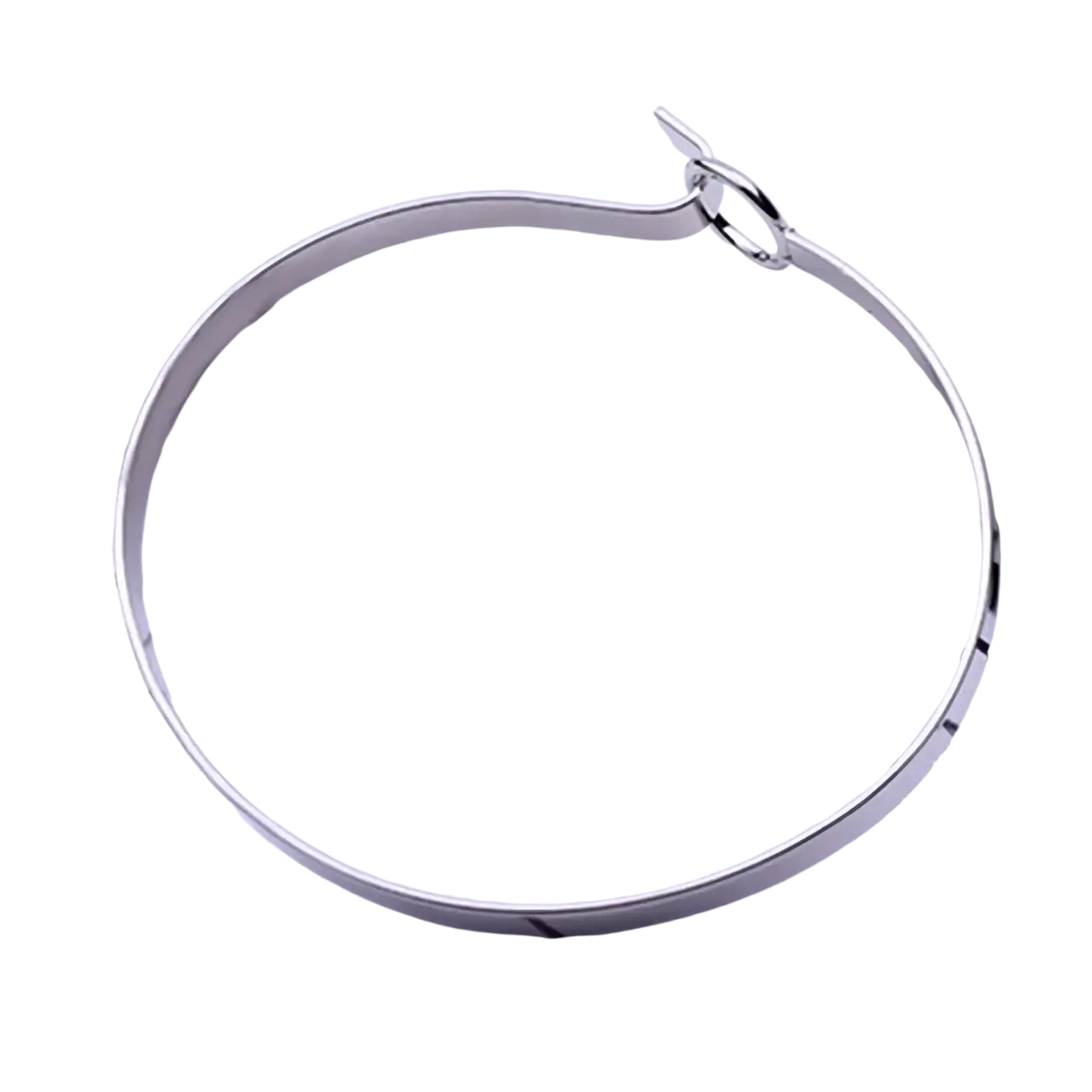 Silver hoop earring with sleek minimalist design and polished metallic finish shown with double ring metal bangle bracelet