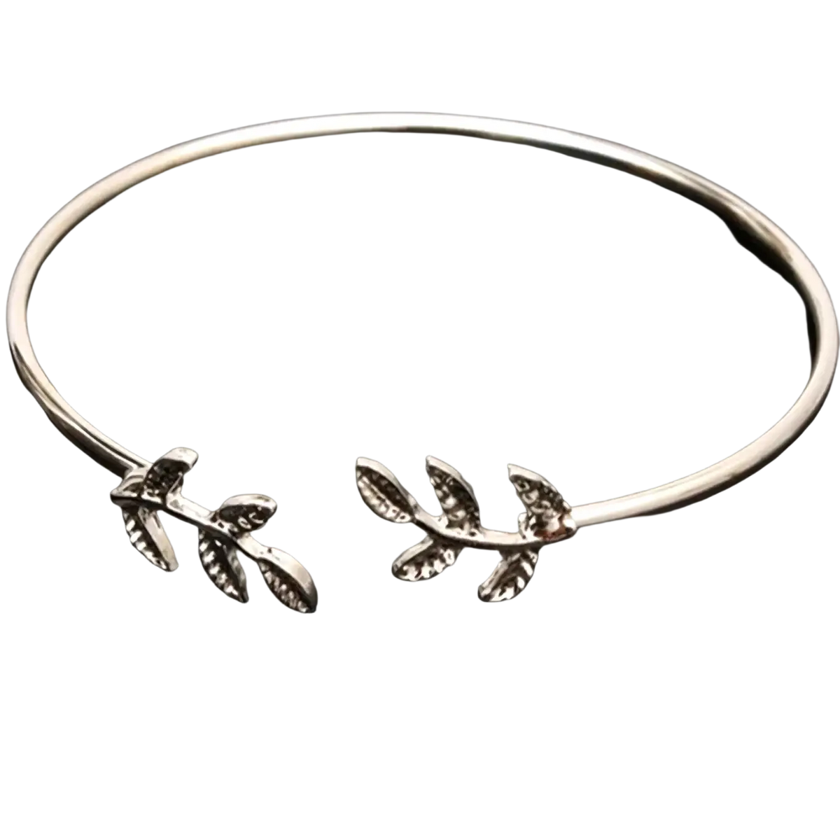 Silver leaf-themed double ring metal bangle bracelet with delicate open-ended design in silver tone
