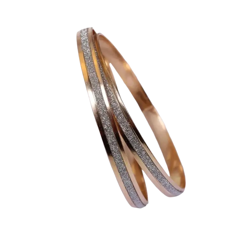 Three rose gold double ring metal bangle bracelets with glittery silver stripe design for elegant wear
