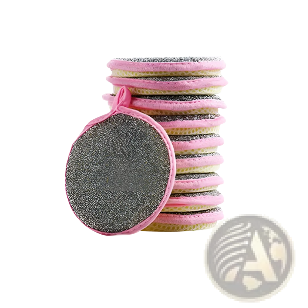 Double sided mesh kitchen scrubbers in pink and gray with textured abrasive surface for dishwashing cleaning
