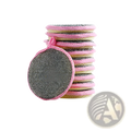 Double sided mesh kitchen scrubbers in pink and gray with textured abrasive surface for dishwashing cleaning
