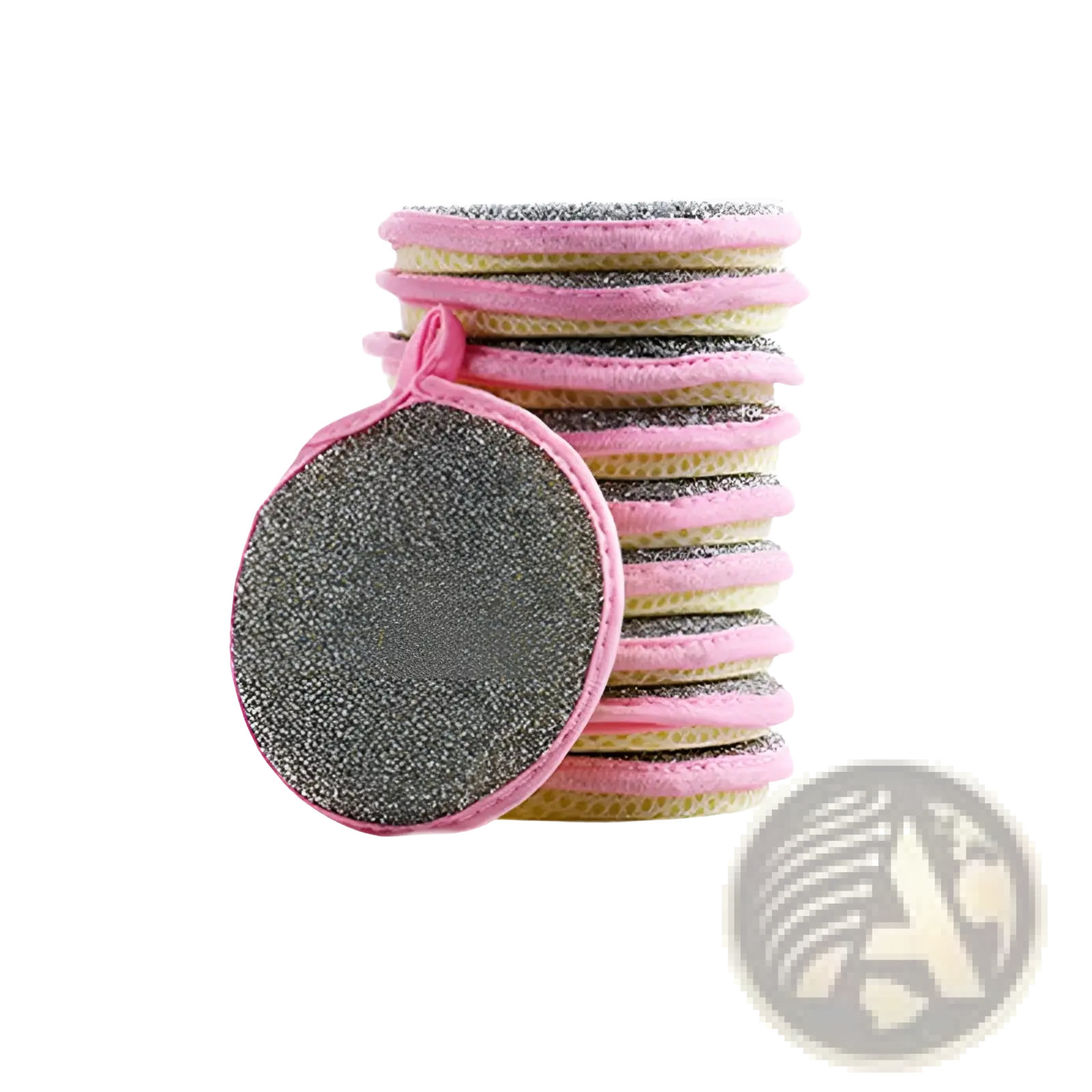 Double sided mesh kitchen scrubbers in pink and gray with textured abrasive surface for dishwashing cleaning