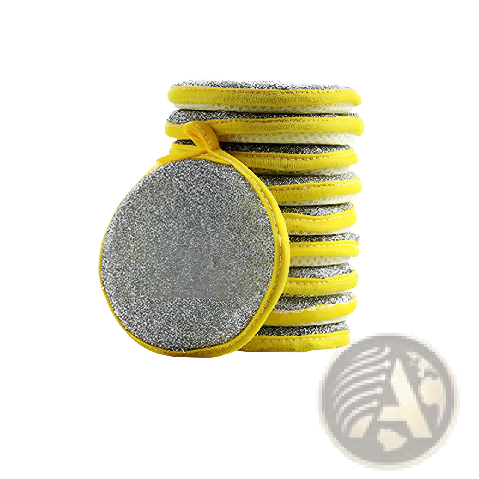 Stack of gray microfiber double sided mesh kitchen scrubbers with bright yellow stitched edges and hanging loops for dishwashing