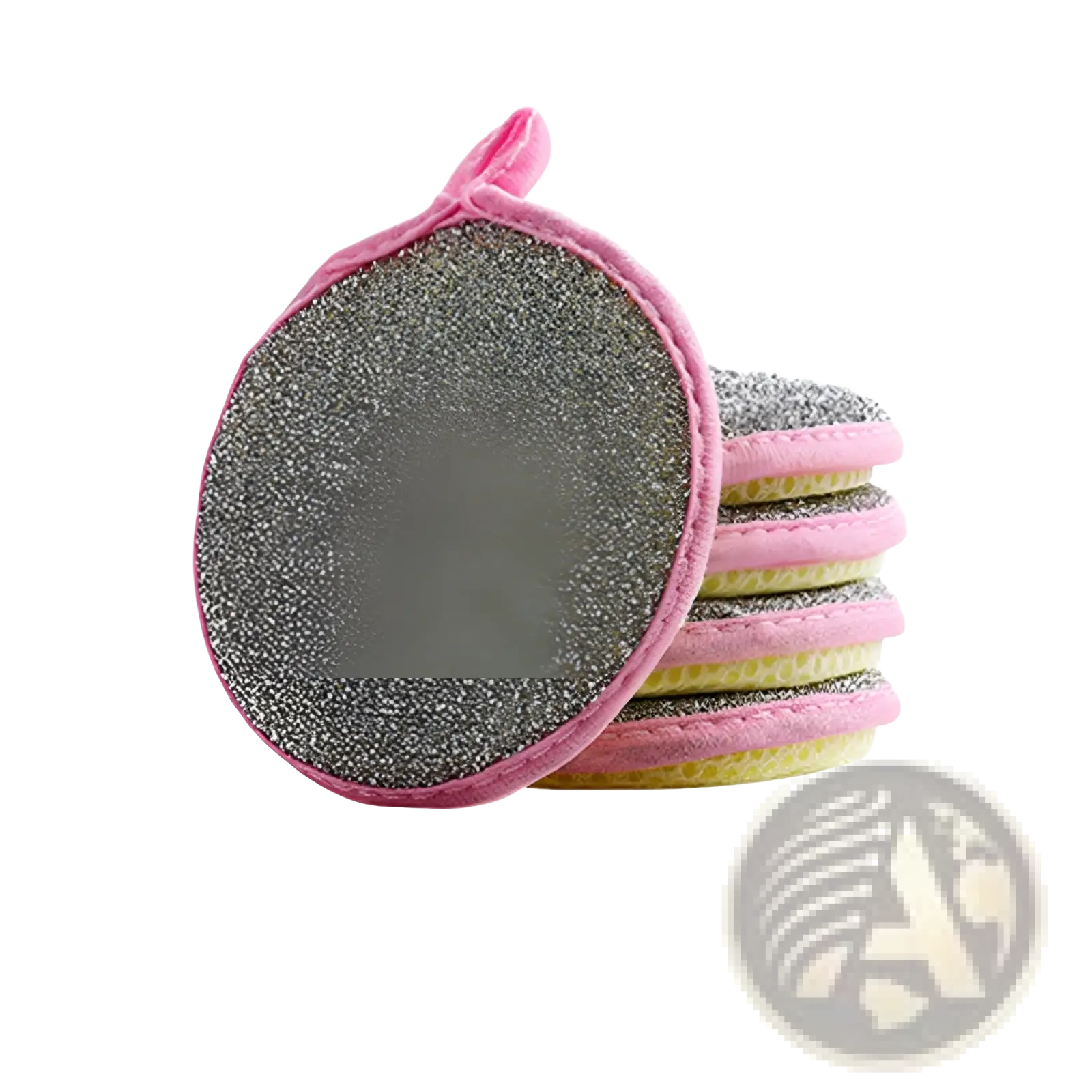 Double sided mesh kitchen scrubber with pink handle gray abrasive surface and yellow sponge backing for dishwashing