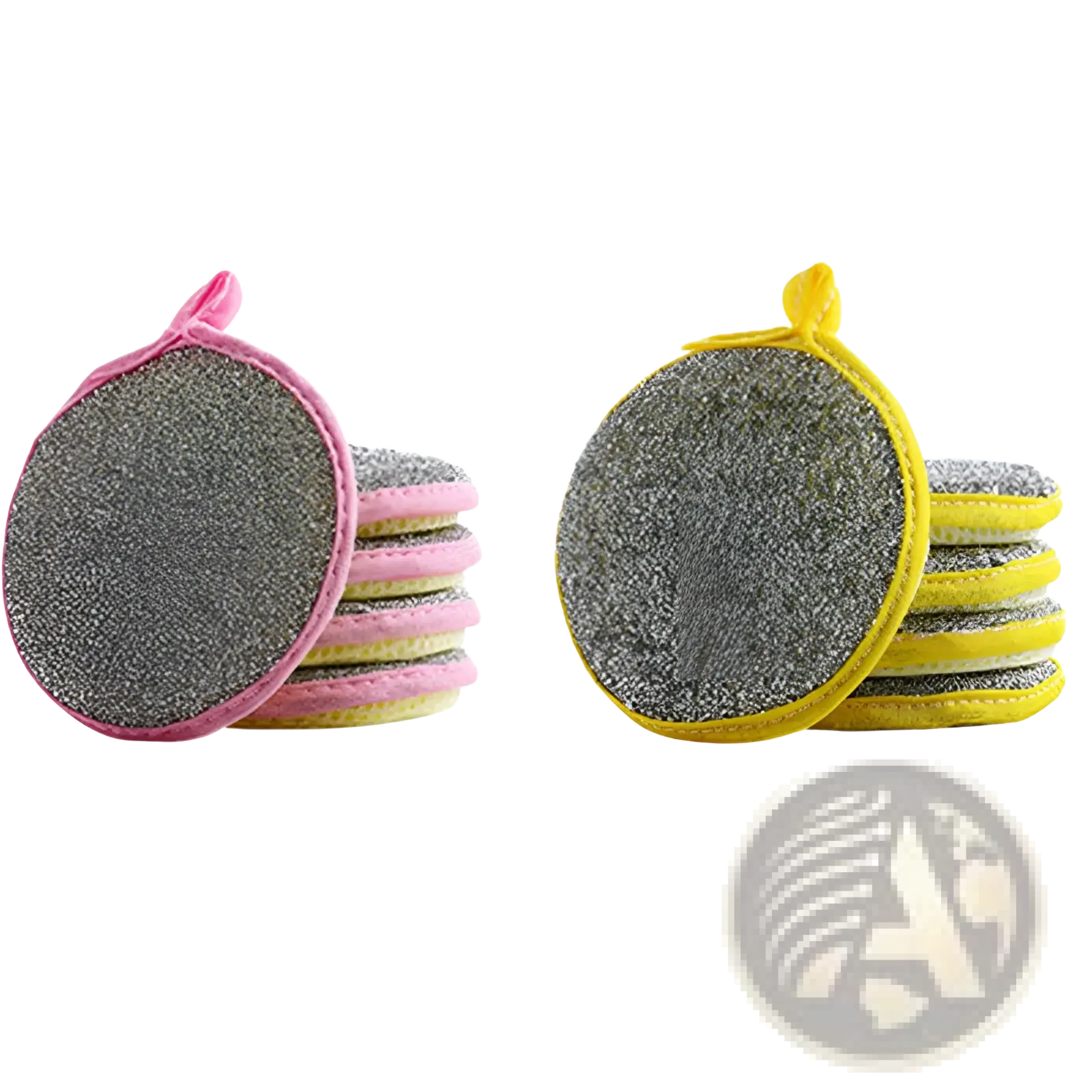 Double sided mesh kitchen scrubbers featuring pink and yellow circular pads with gray abrasive surface and fabric handles