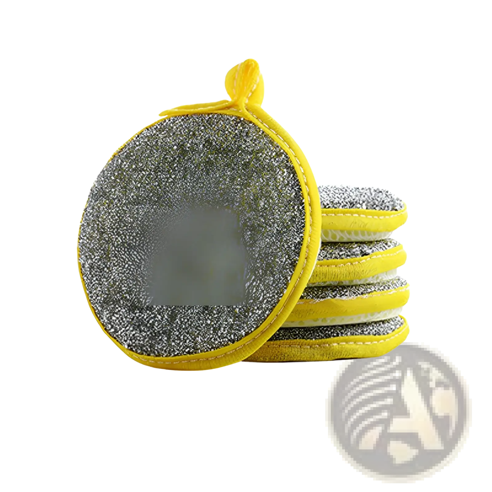 Yellow-handled double sided mesh kitchen scrubbers with circular steel wool and textured gray abrasive surface for dishwashing
