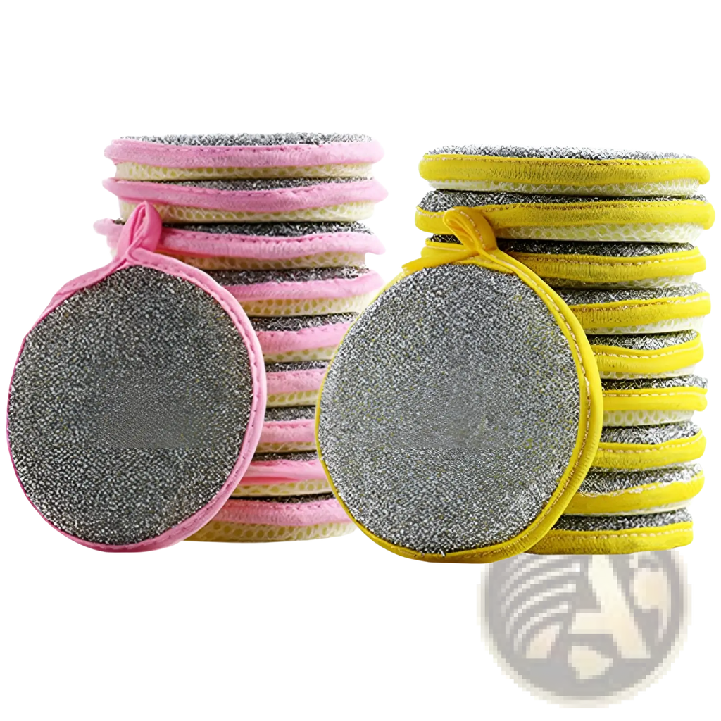 Double sided mesh kitchen scrubbers in pink and yellow with textured abrasive surface and fabric loops for dishwashing