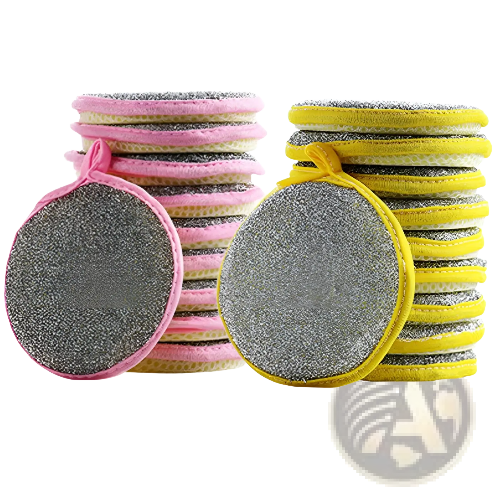 Double sided mesh kitchen scrubbers in pink and yellow with textured abrasive surface and fabric loops for dishwashing