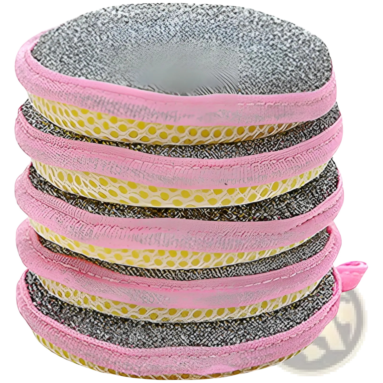 Stack of pink and yellow double sided mesh kitchen scrubbers made of circular steel wool for dishwashing