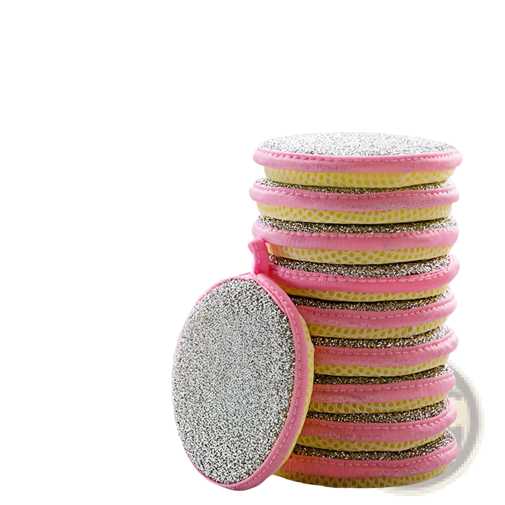 Stack of pink and yellow double sided mesh kitchen scrubbers with textured silver abrasive surface for dishwashing