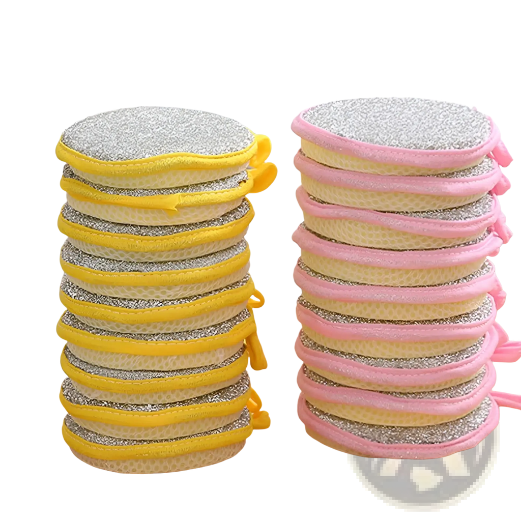Stacks of double sided mesh kitchen scrubbers with round glittery cleaning pads and yellow and pink elastic edges for dishwashing