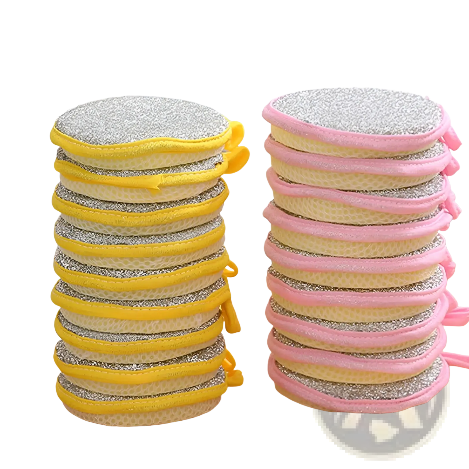 Stacks of double sided mesh kitchen scrubbers with round glittery cleaning pads and yellow and pink elastic edges for dishwashing