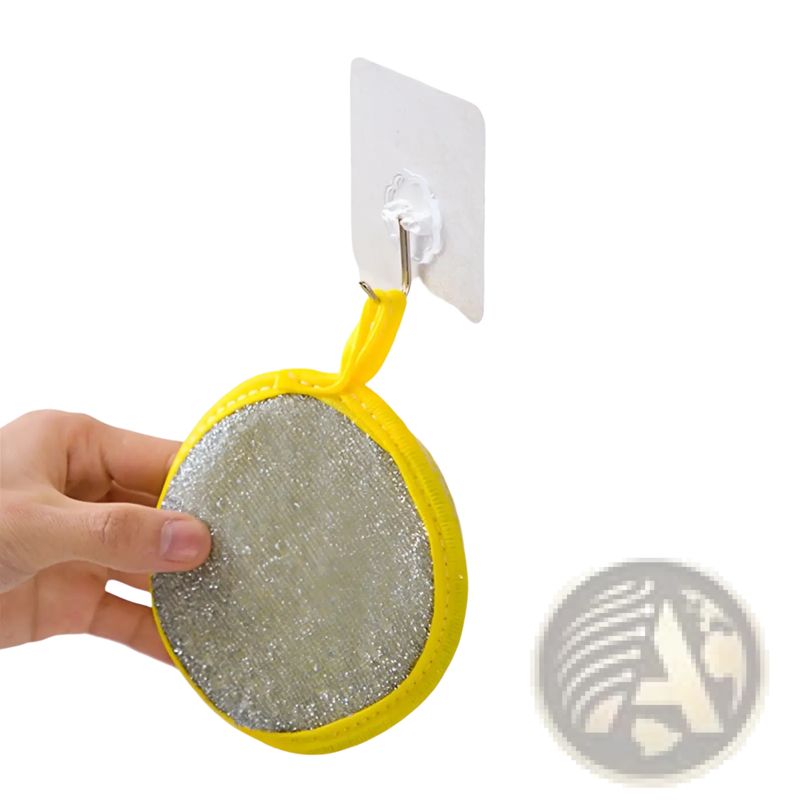 Double sided mesh kitchen scrubber with yellow circular sponge and silver textured scrubbing surface for dishwashing
