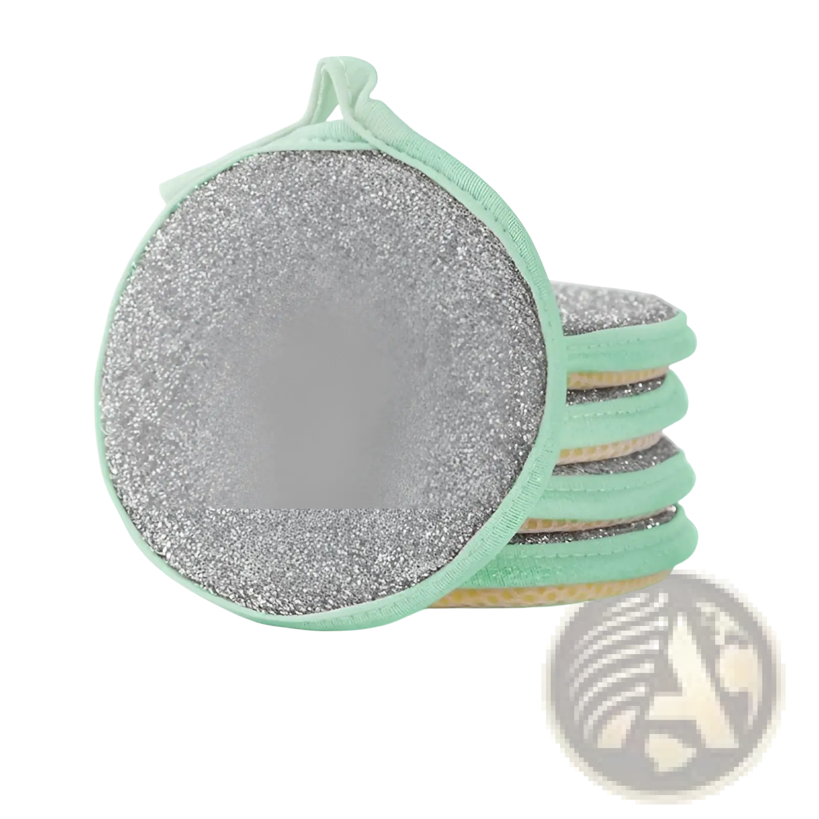 Green double sided mesh kitchen scrubbers with thickened sponge and glittery silver abrasive surface for dishwashing