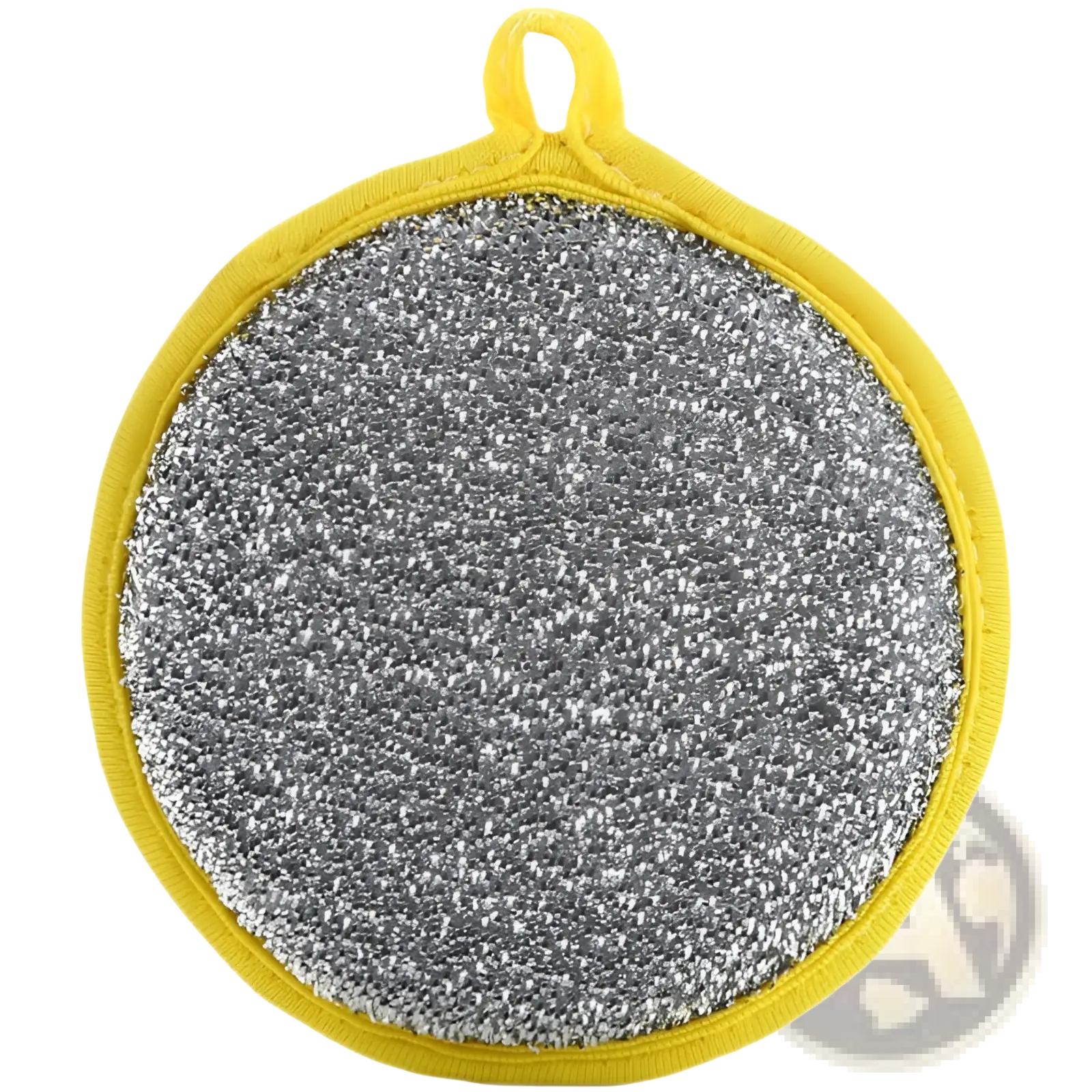 Double sided mesh kitchen scrubber with yellow frame textured silver steel surface and looped handle for dishwashing