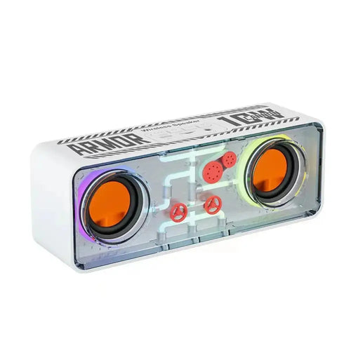 White rectangular wireless armor 120w transparent mech dual bluetooth speaker with orange drivers and red accents