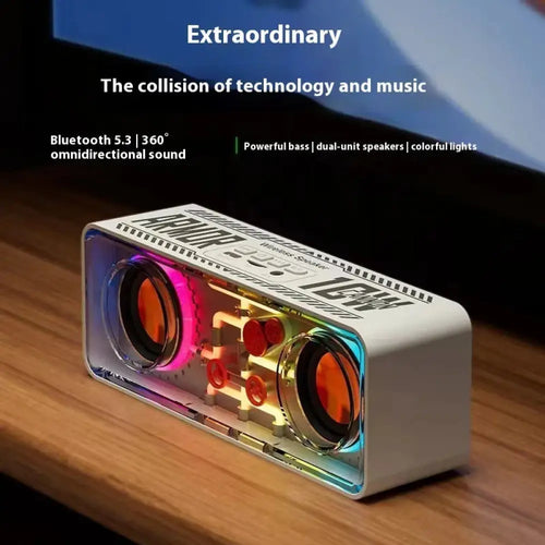 Armor 120w transparent mech dual bluetooth speaker white rectangular with dual circular drivers and colorful led lighting