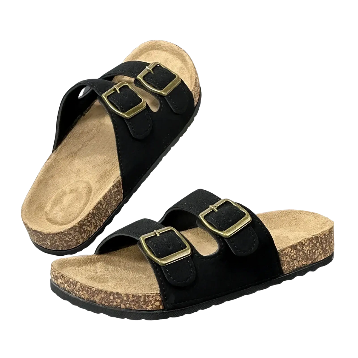 Black suede double strap cork sandals for women and men with gold tone buckles by simpo